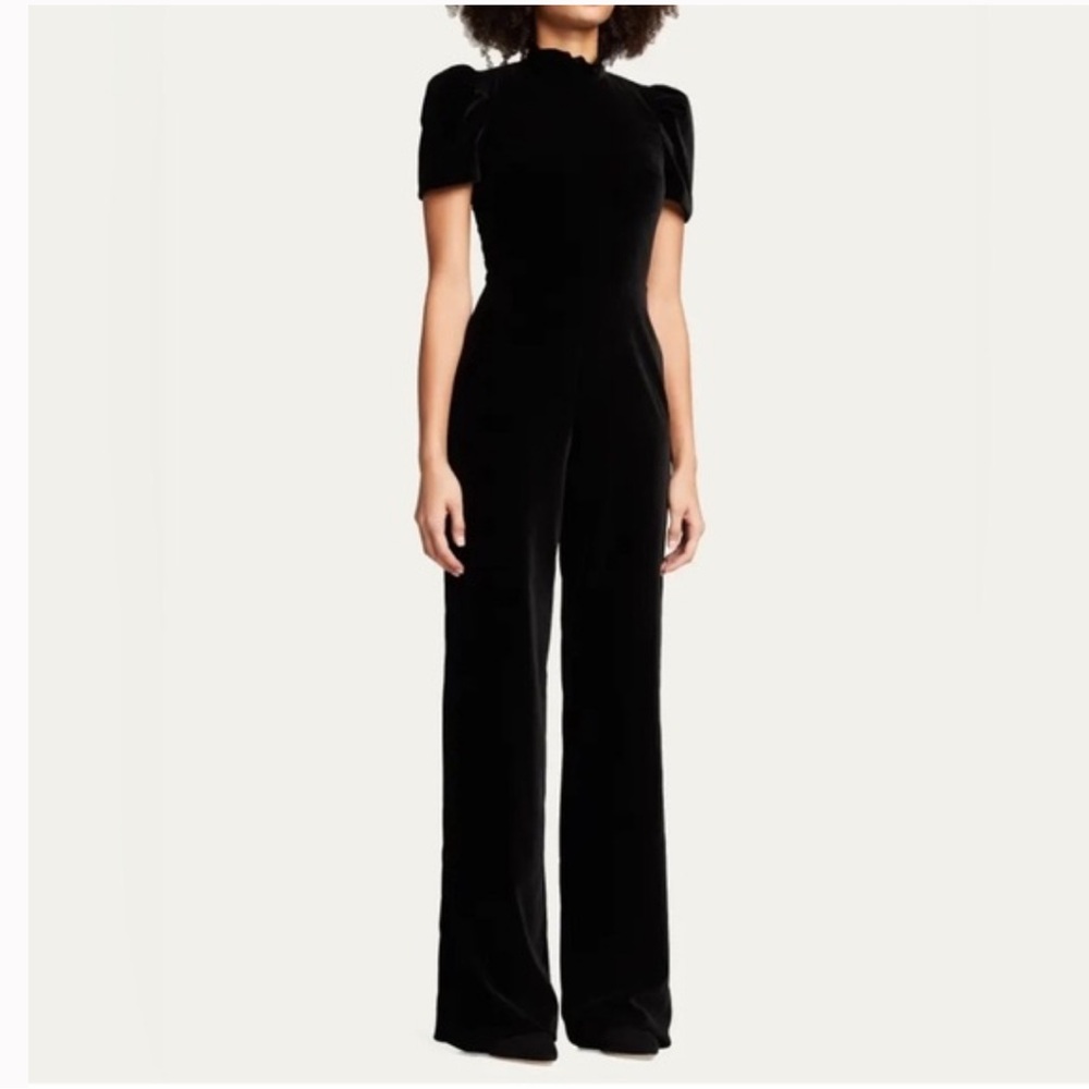 New Alice + Olivia Jorah high neck black boot cut sz 2 stretchy velvet jumpsuit
